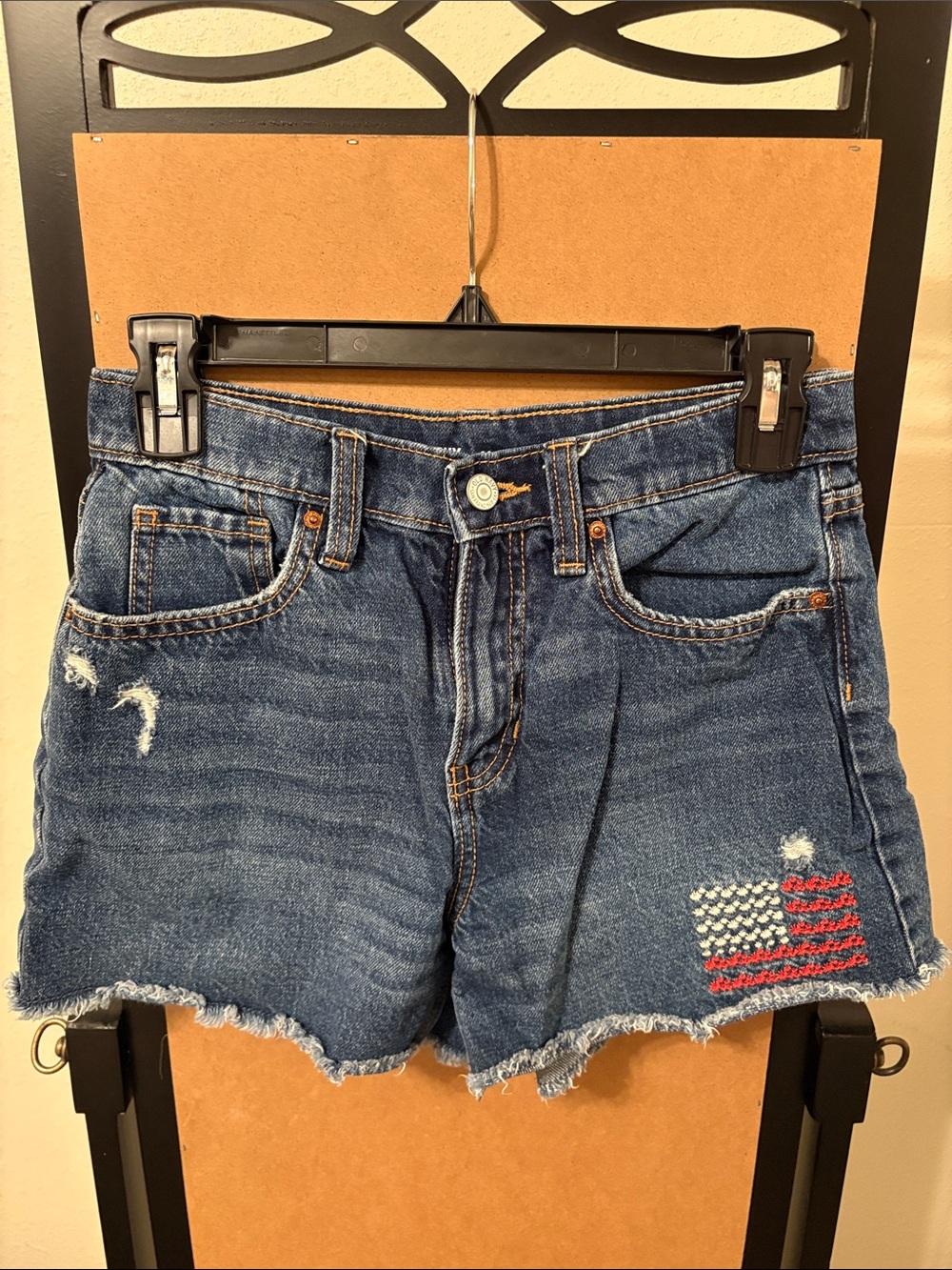 Old Navy Blue Denim Flag Embroidered Frayed Hem Shorts